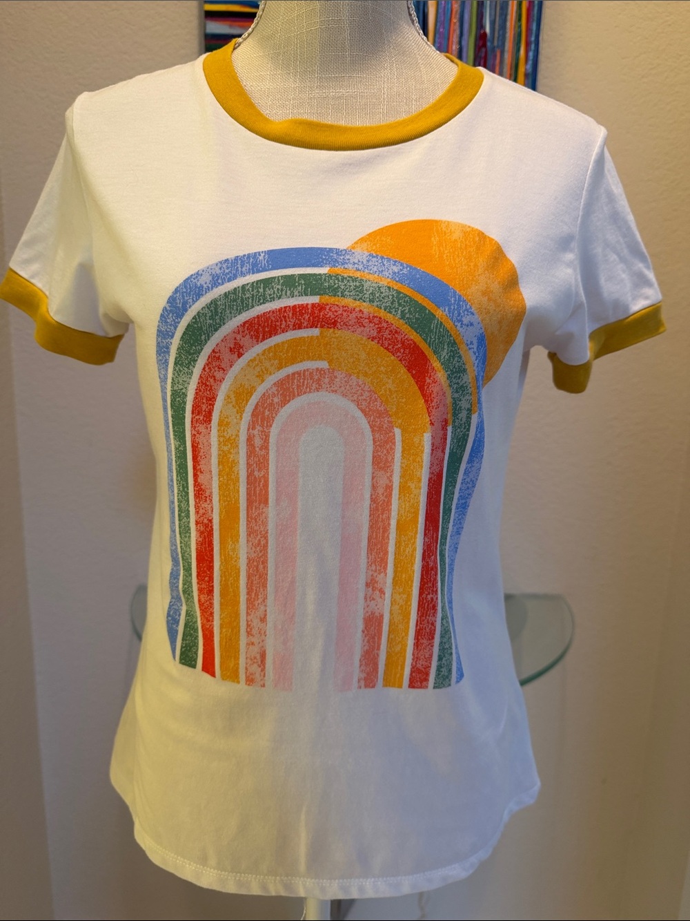 Sub_Urban Riot White Tee with Mustard Trim and Multicolor Retro Rainbow